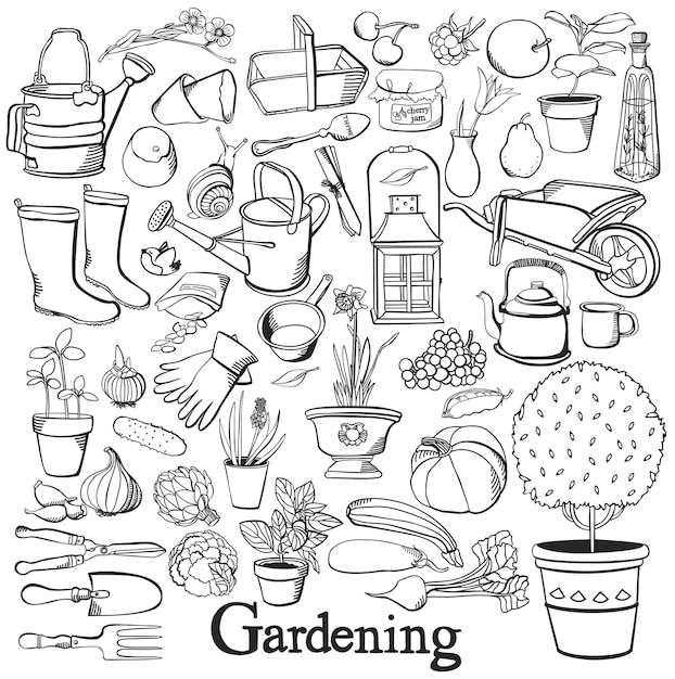 Gardening line icon Drawing doodle set