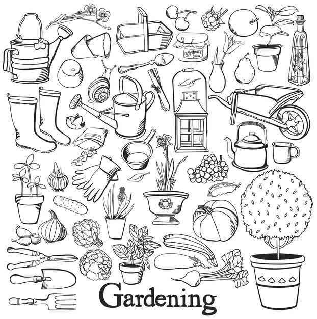 Gardening line icon Drawing doodle set