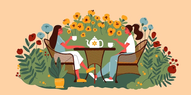 花の花のイラストに囲まれた屋外でお茶を飲みながらテーブルに座っている2人の女性とガーデニングの人々の構成
