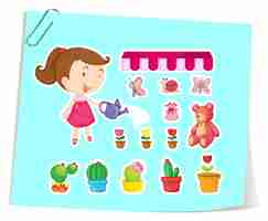 Free vector gardening set of girl and cactus