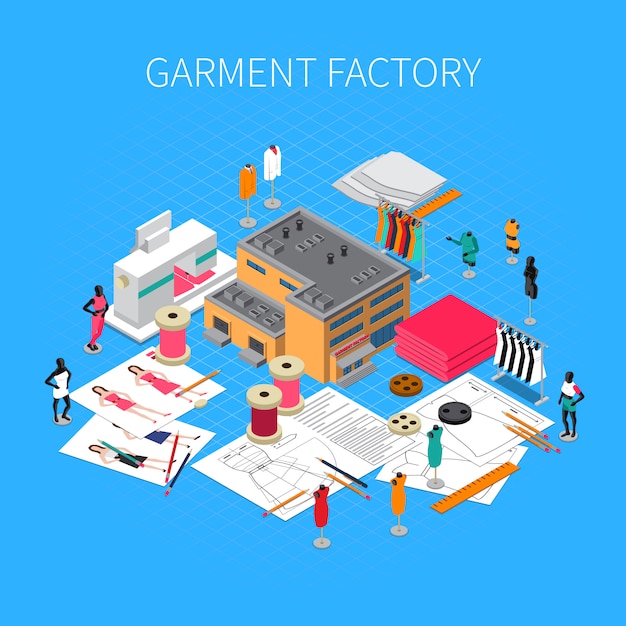 Garment factory isometric illustration with patterns and samples symbols