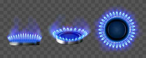 Vettore gratuito bruciatore a gas con fuoco blu nella vista superiore e laterale