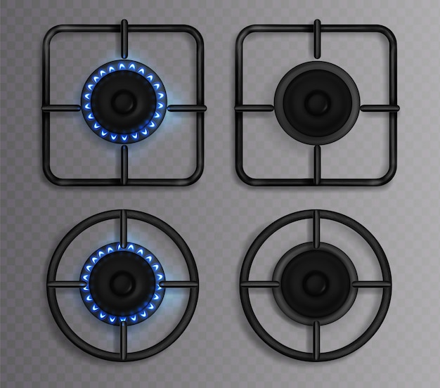 푸른 불꽃과 가스 버너. 조명 및 오프 호브가있는 주방 스토브. 투명 배경에 고립 된 평면도 요리를위한 오븐에 원형과 사각형 검은 강철  격자 및 버너의 현실적인 세트 | 무료 벡터