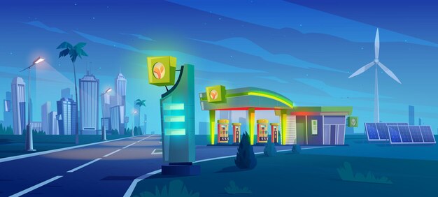 Gas and charger station with oil pump, cable with plug for electric car, solar panels and wind turbines on road to city. Vector cartoon night landscape with empty fuel filling station