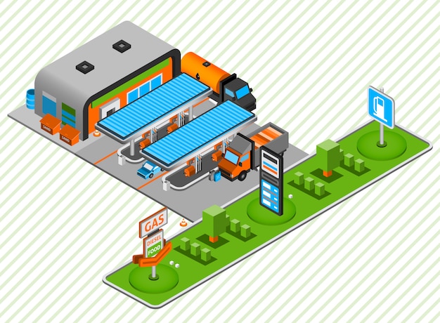 Gas diesel fuel station isometric composition