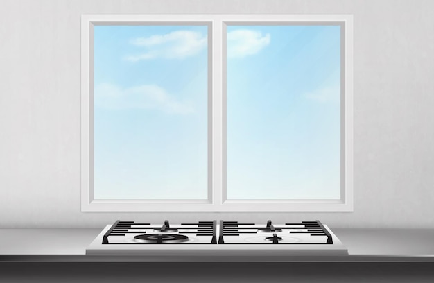 Free vector gas and electric stove on table surface front of kitchen window and blue sky view on white wall.