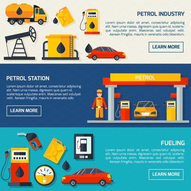 Gas petrol station flat banners set 