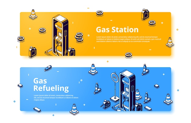 Gas refueling station isometric web banner, petroleum fueling service, gasoline, diesel or oil car filling with pistol, hose, traffic cones and canister. 3d vector line art banner