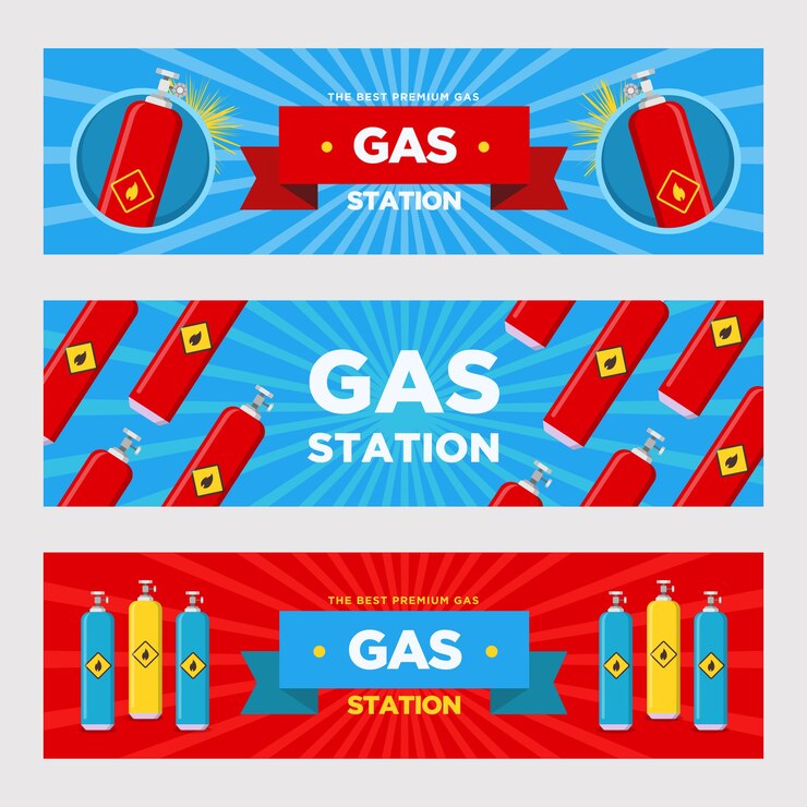 無料Vector ガソリンスタンドのバナーセット。広告テキストと可燃性記号ベクトルイラストとシリンダーと風船。ガソリンスタンドのチラシや看板に燃料を供給するためのテンプレート