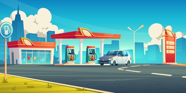 Gas station, cars refueling city service, petrol shop with building