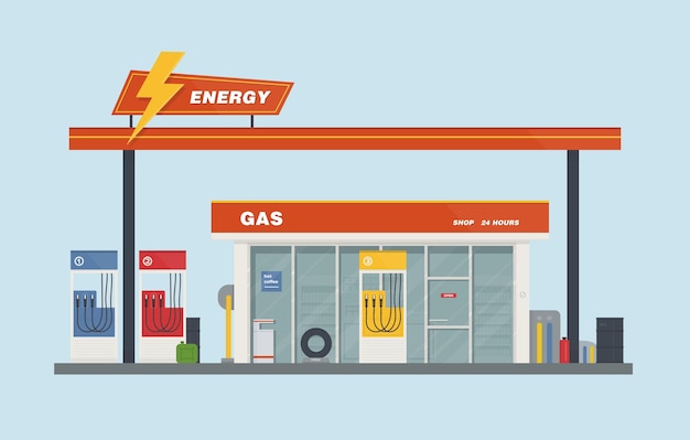 Gas station cartoon flat vector illustration. colorful. Premium Vector