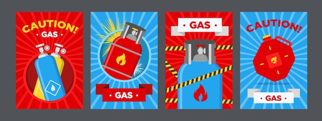 ガソリンスタンド注意ポスターセット。赤または青の背景に可燃性のサインベクトルイラストとキャニスターとバルーン。ガソリンスタンドのバナーと警告サインのテンプレート
