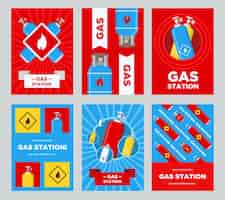 Vettore gratuito set di volantini per distributori di benzina. cilindri e palloncini con illustrazioni vettoriali di segno infiammabile con testo pubblicitario. modelli per poster o striscioni di stazioni di servizio