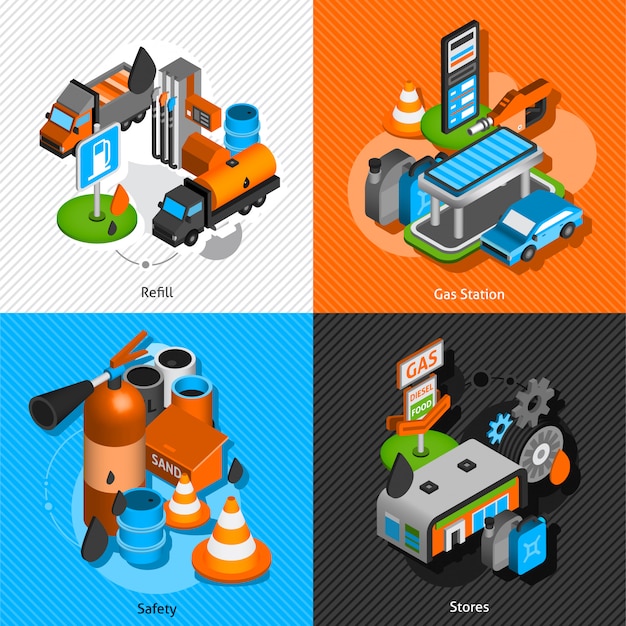 Gas station isometric 4 pictograms composition