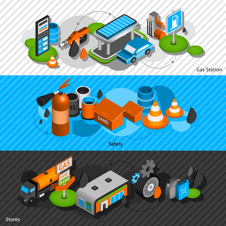 Free Vector gas station isometric banners set