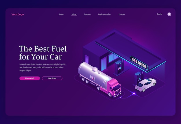 Gas station isometric landing page cars refueling