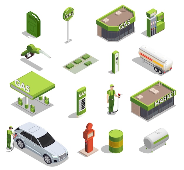 Free vector gas station isometric set of icons and images of filling columns petrol cans buildings and people vector illustration