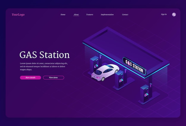 Gas station landing page template. concept of refueling of petrol or gasoline for cars on fuel filling station.