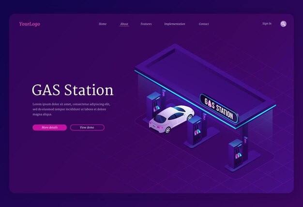 Gas station landing page template. Concept of refueling of petrol or gasoline for cars on fuel filling station.