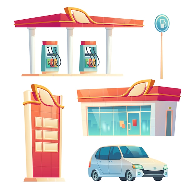 Gas station refueling service items car, building with glass facade