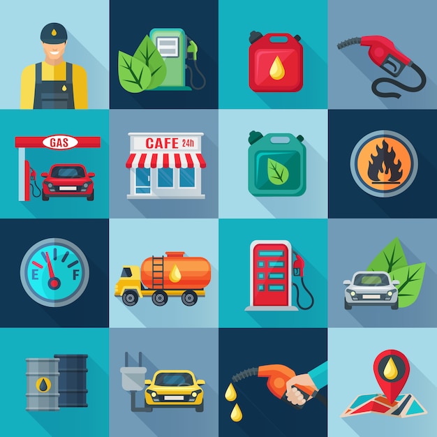 Gas station square icons set with fuel and and oil industries symbols shadow