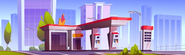 Gas station with oil pump and market in city