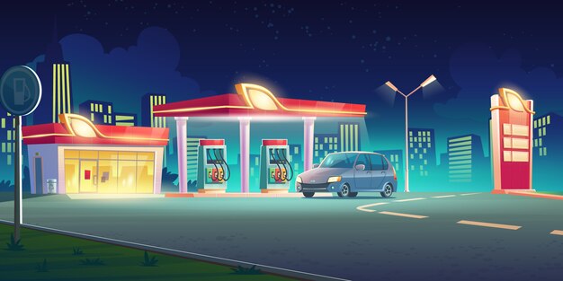 Gas station with oil pump and market at night