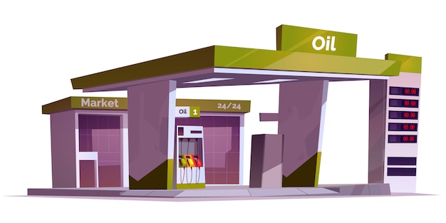 Gas station with oil pump, market and prices display.