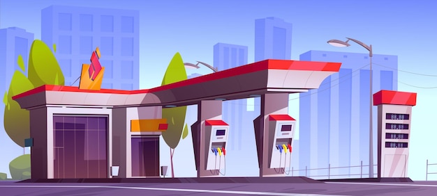 オイルポンプ付きのガソリンスタンド、街並みの背景にガソリンサービスを補充します。市場、価格表示、ディーゼルまたはガソリン銃を備えた自動車の近代的な建物のための都市燃料充填。漫画のベクトル図