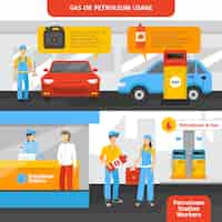 Free vector gas station workers horizontal banners set with people and cars