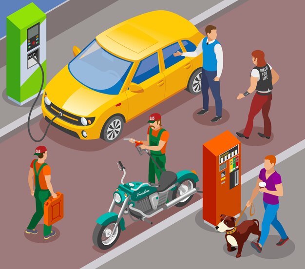 주유소는 사람들 문자가있는 자동차 및 오토바이 용 가솔린 충전 칼럼으로 아이소 메트릭 구성을 리필합니다.