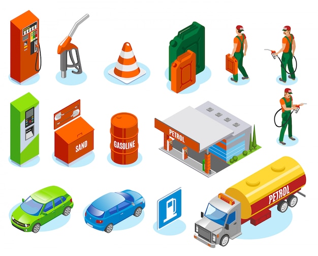 Gas stations refills isometric icons collection with fuelman characters and isolated images of cars and refuelling units