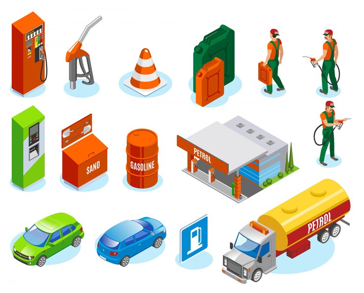 Free Vector gas stations refills isometric icons collection with fuelman characters and isolated images of cars and refuelling units