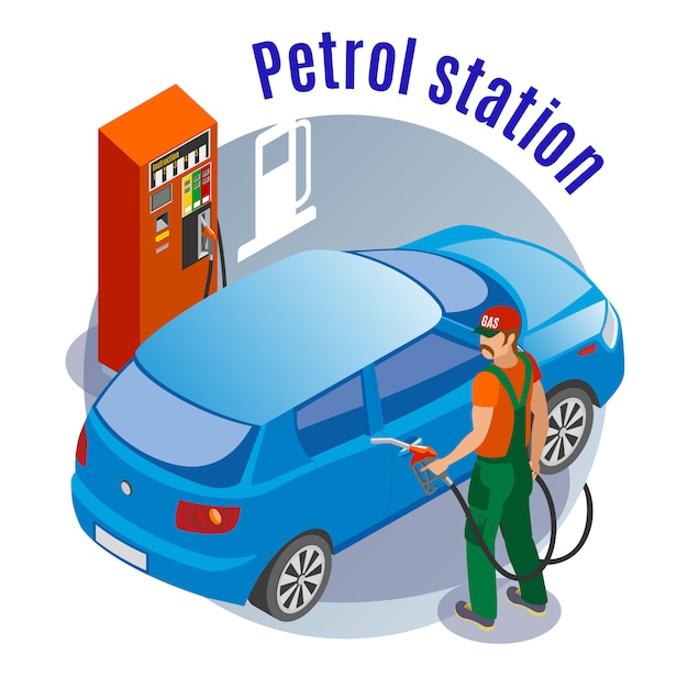 Gas stations refills isometric illustration with images of fuel filling column car fuelman character and text