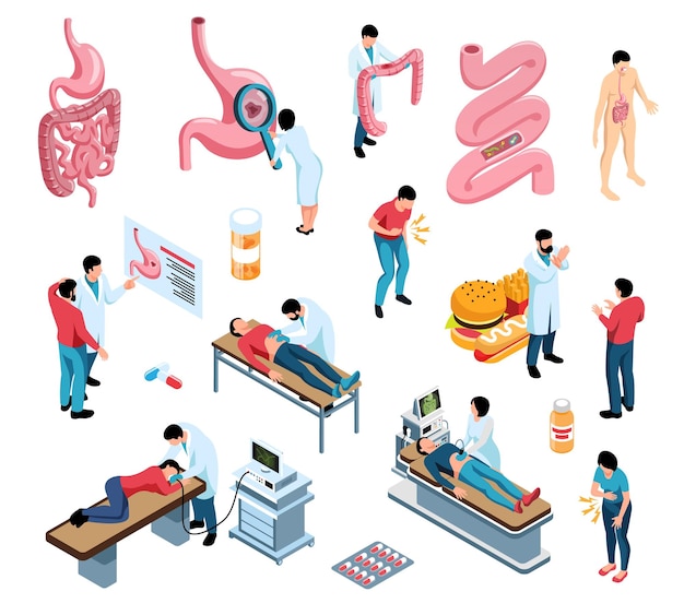 Free vector gastroenterologist isometric set with doctors patients and medical equipment 3d isolated vector illustration