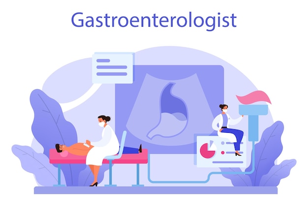 Gastroenterology doctor concept idea of health care and stomach treatment doctor examine internal organ endoscopic and ultrasound examination vector illustration