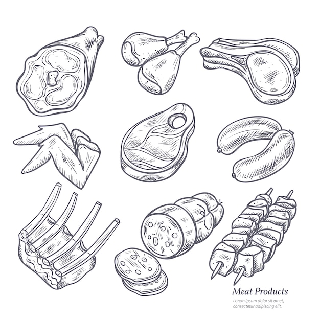 Free vector gastronomic meat products sketches set