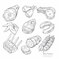 Free vector gastronomic meat products sketches set