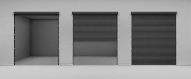Gate with black rolling shutter in gray wall