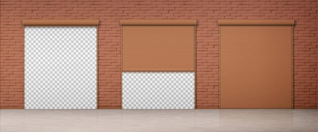 Gate with brown rolling shutter in brick wall