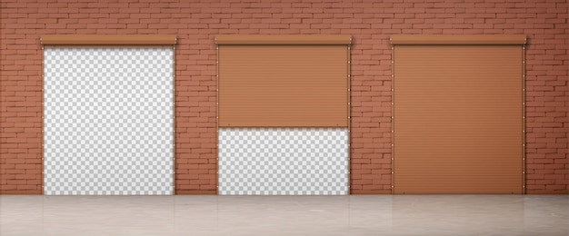 Gate with brown rolling shutter in brick wall