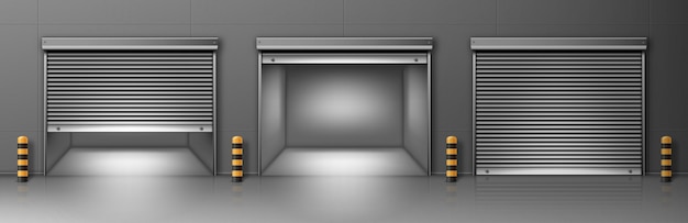 Ворота с металлическим затвором в серой стене. векторная реалистичная иллюстрация прихожей