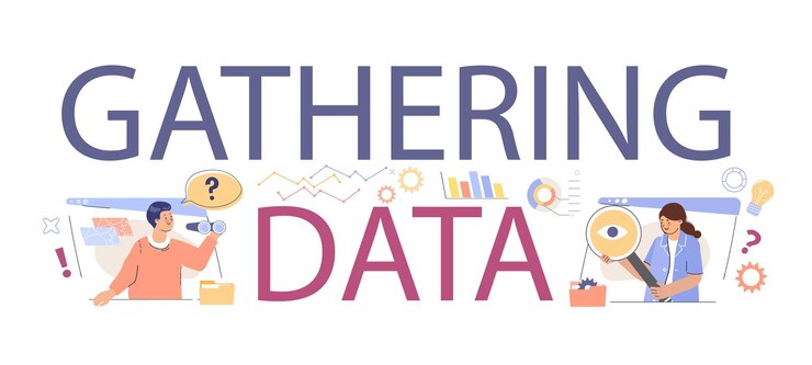 Free Vector gathering data flat text with big letters and small human characters collecting and analyzing business information vector illustration