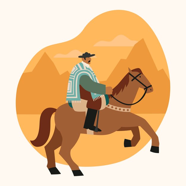 フラットスタイルの砂漠のイラストで馬に乗るガウチョ
