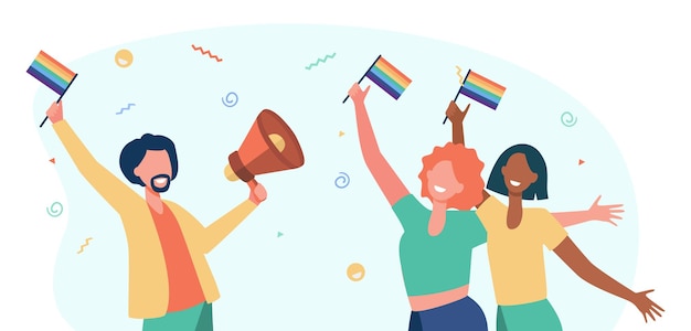 Gay people celebrating pride. Happy man and woman holding rainbow flags and speaker. Cartoon illustration