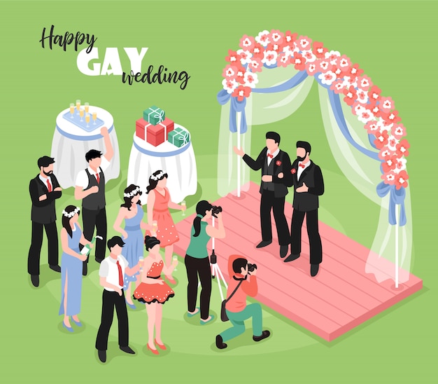 Free vector gay wedding ceremony with professional photographer and guests on green  3d isometric