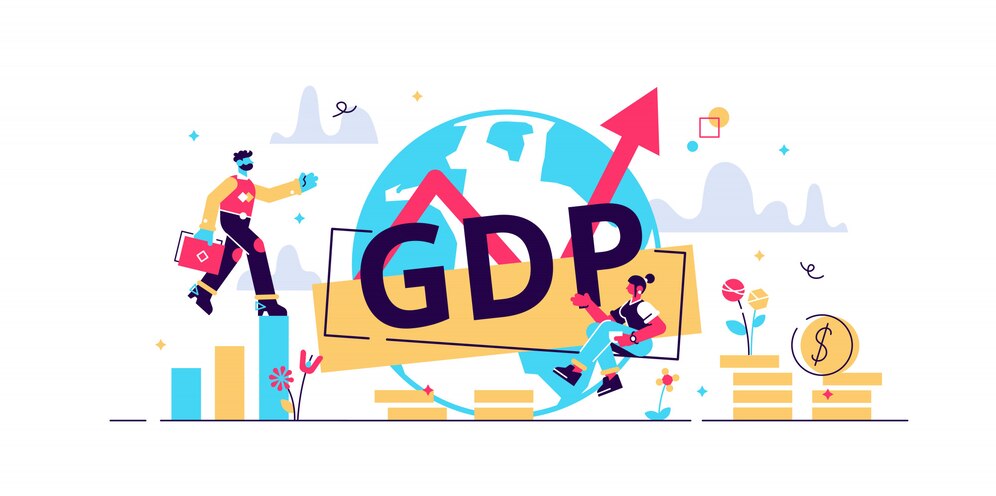  Gdp illustration.flat tiny persons concept with gross domestic product per capita.businessman with 