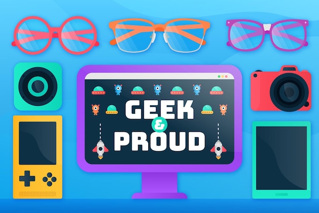 Vettore gratuito computer e occhiali geek pride day con gadget