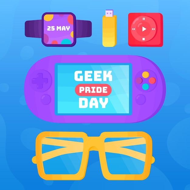 Vettore gratuito console e occhiali da giorno geek pride con dispositivi