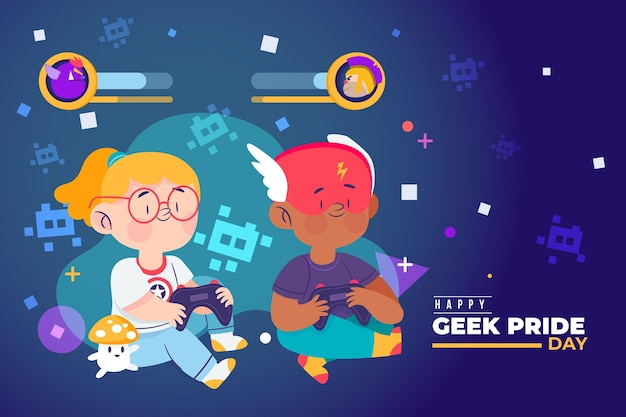 Бесплатное векторное изображение geek гордость день девочка и мальчик играет